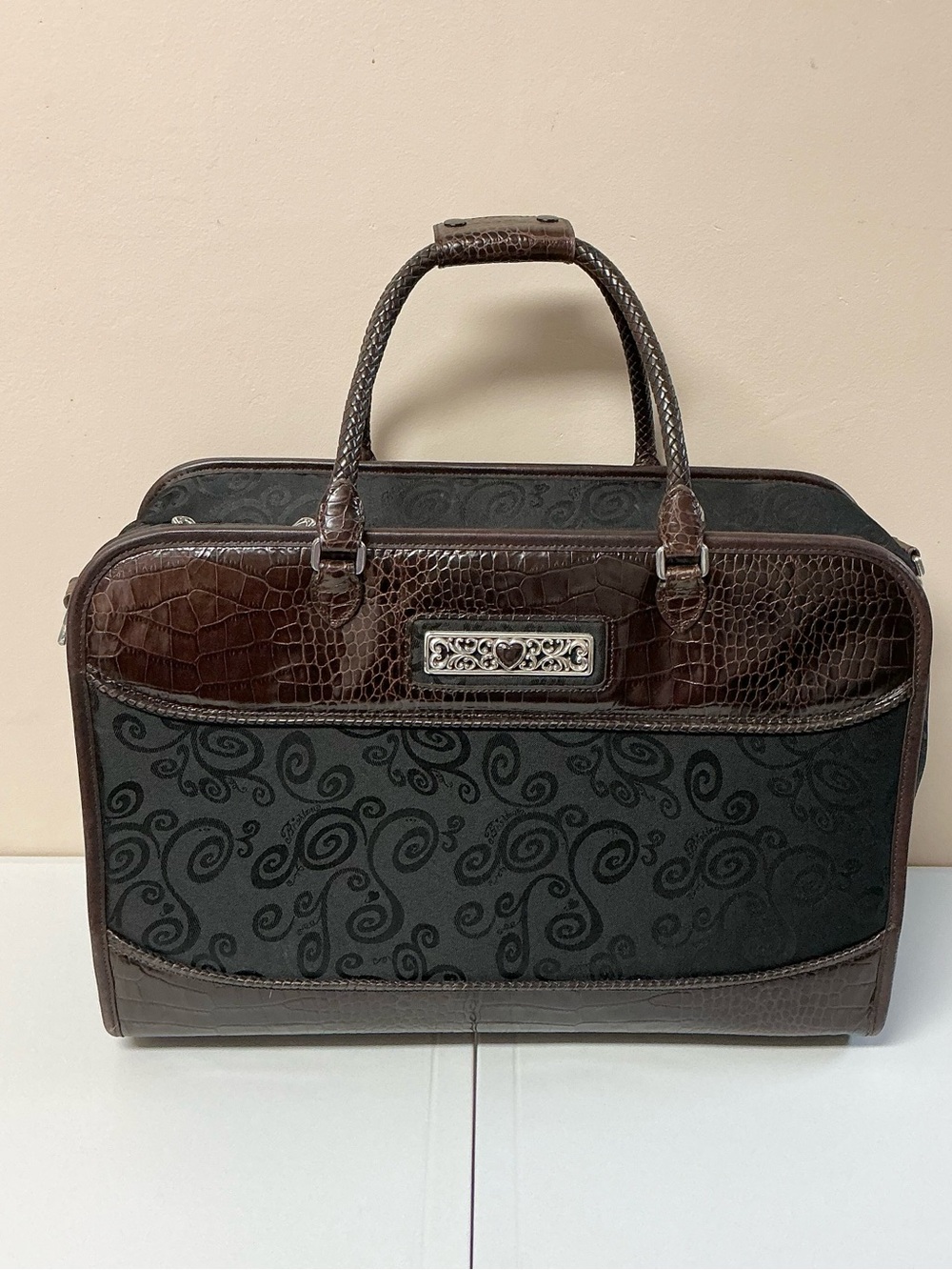 Brighton Large Brown Black Croc Leather & Fabric Luggage Travel Weekender Bag